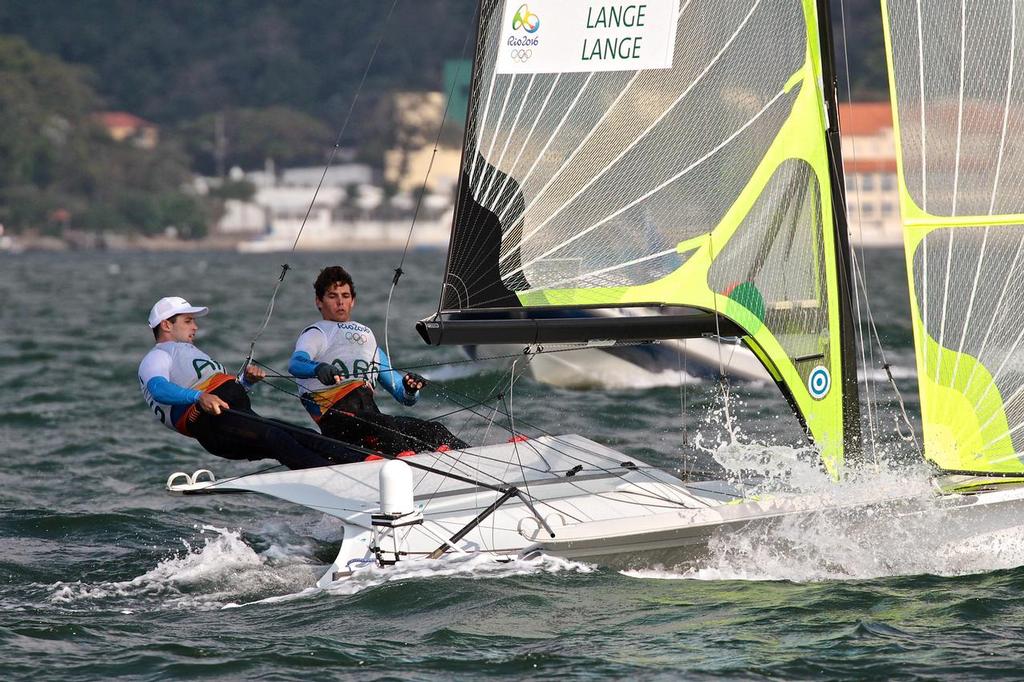 Sons of the Gold medalist in the Nacra 17, Santiago Lange (ARG), round the leeward gate for the first time - Mens 49er Medal race - Sailing Olympics 2016 © Richard Gladwell www.photosport.co.nz